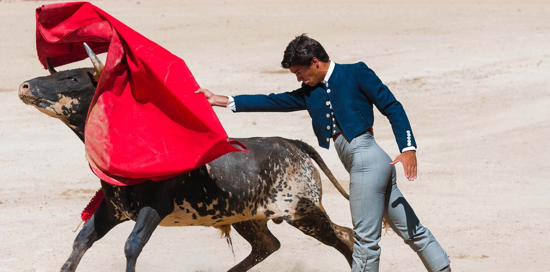 Matador in blauer Weste wirft ein rotes Tuch auf einen Stier.