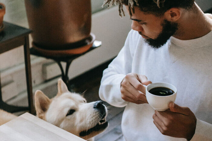 Mann sitzt mit Kaffeetasse in der Hand am Tisch und schaut auf seinen Hund, der vor ihm sitzt und zu ihm aufschaut.