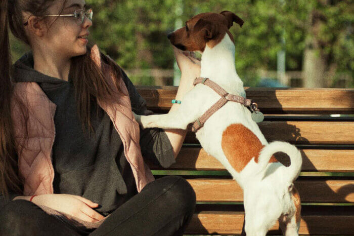 Eine Frau sitzt mit einem Hund auf einer Parkbank.